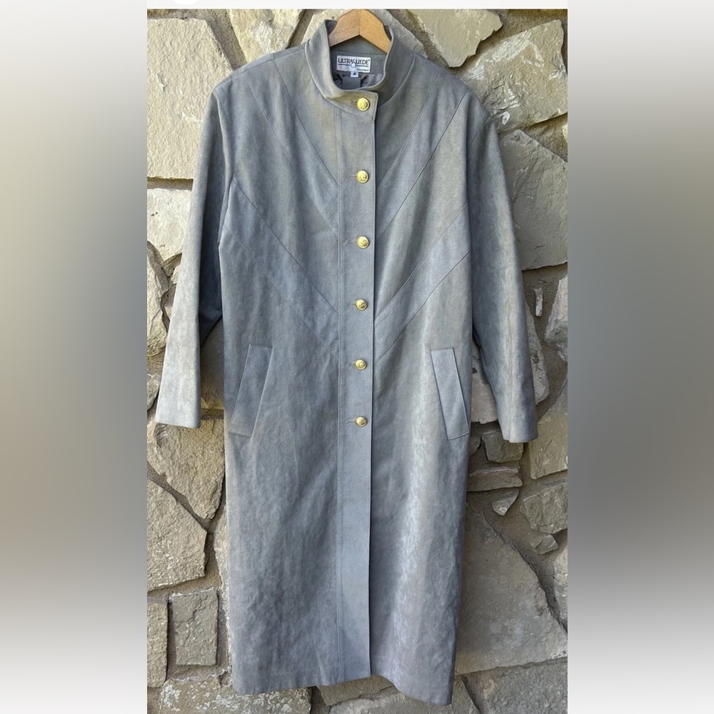 Vintage Ultra Suede Brand Fabric Long Trench Coat 10 Gray‎ Gold Buttons Lined EC